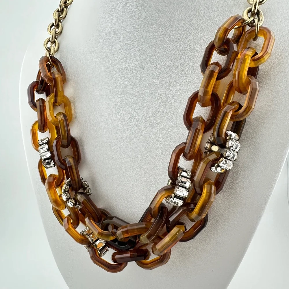 J.Crew Tortoiseshell Chunky Chain Link Necklace with Baguette Rhinestones